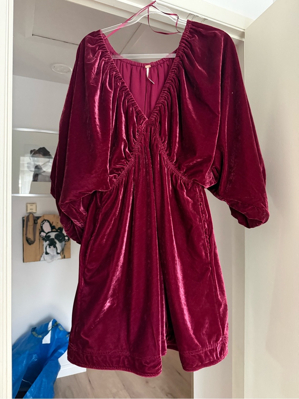 Free People Ruby Red Velvet Mini Dress with Balloon Sleeves